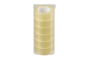 Stack of clear transparent adhesive packing tape rolls