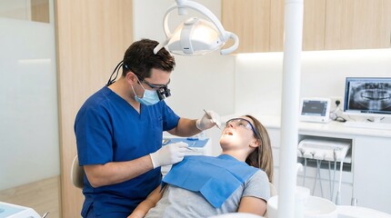 Male dentist examining woman patient with dental instrument during dental check-up at clinic. Concept of oral hygiene and dental care.