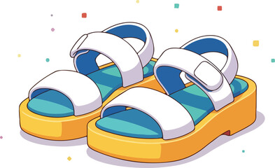 Vector graphic illustration of colorful white and blue sandals with yellow soles