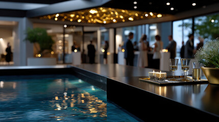 A luxurious indoor setting featuring a serene pool, elegant lighting, and guests enjoying a refined gathering, encapsulating modern sophistication and style.