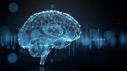 A glowing blue wireframe digital representation of a human brain with interconnected dots and lines, against a dark background with abstract blue light patterns. - Powered by Adobe