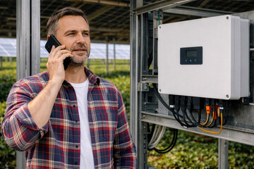 Farmer talking on a mobile phone next to a modern photovoltaic inverter in an agricultural setting.