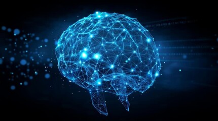 A glowing blue digital brain with interconnected nodes and data streams, representing artificial intelligence and advanced technology. - Powered by Adobe