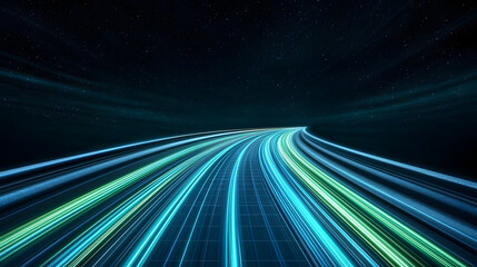 Futuristic road with glowing lines, conveying speed and motion through starry night sky
