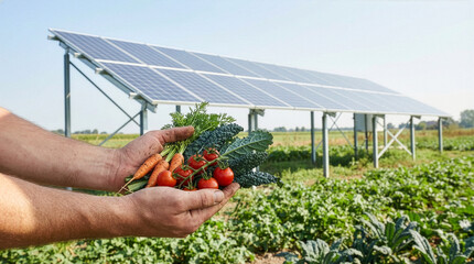Close-up of Farmer Hands Holding Fresh Harvested Vegetables in Front of Agrivoltaic Solar Panel System.