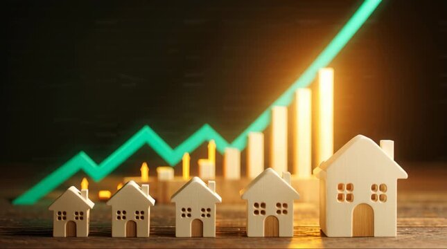 Miniature house models arranged in increasing size with a glowing green line graph and yellow bar chart showing upward trends in the background, symbolizing real estate market growth and investment.
