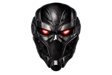 Dark futuristic cyborg mask with glowing red eyes. Presenting science fiction robot helmet, transparent background