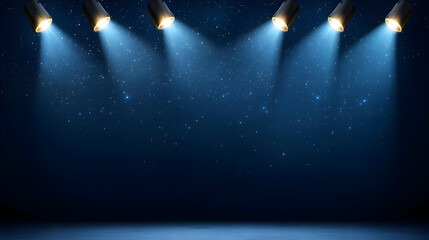 Bright stage lights illuminate dark background filled with stars, creating dramatic atmosphere
