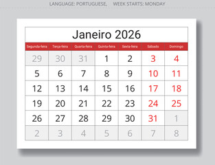 Portuguese January 2026 month calendar planner - Janeiro. Monthly page illustration for Portugal