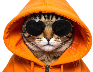 Stylish tabby cat wearing sunglasses and orange hoodie portrait cool feline fashion