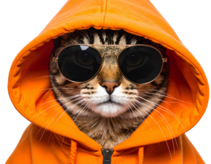 Stylish tabby cat wearing sunglasses and orange hoodie portrait cool feline fashion
