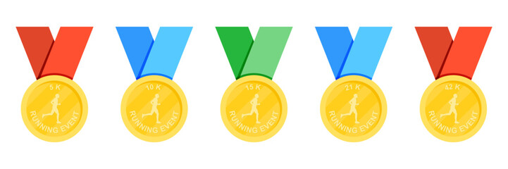 Running event medal set illustration. Gold medals with colorful ribbons for marathon distances 5k 10k 15k 21k and 42k