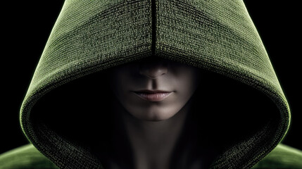 Mysterious hacker in green hooded jacket with binary code pattern, shadowed face, cyber security, digital crime concept