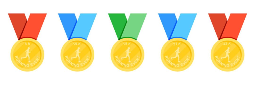 Running event medal set illustration. Gold medals with colorful ribbons for marathon distances 5k 10k 15k 21k and 42k