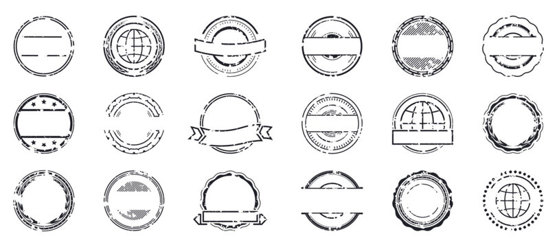 Grunge round stamp frames illustration collection in black. Set of distressed circular badges and label templates