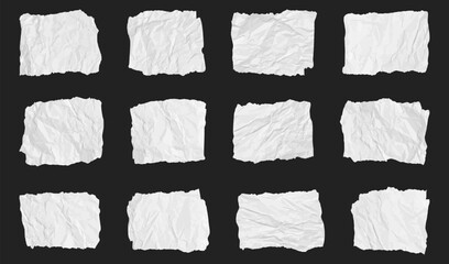 Wrinkled paper scraps illustration collection in white on dark background. Set of crumpled square note textures