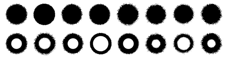 Grunge circle brush shapes collection in black. Set of rough round textures, ink blots, paint circles and distressed elements