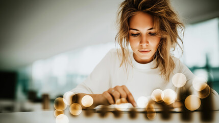 Young woman looking down, interacting with a digital tablet surface, managing online cryptocurrency investments with bokeh overlay