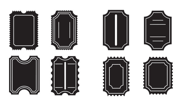 Collection of black ticket stubs with various shapes and designs