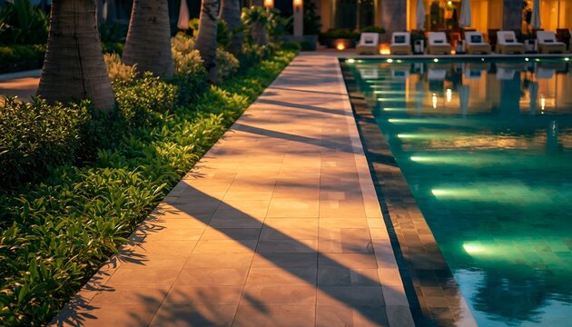Evening poolside scene with pathway palm trees and illuminated swimming pool - Powered by Adobe
