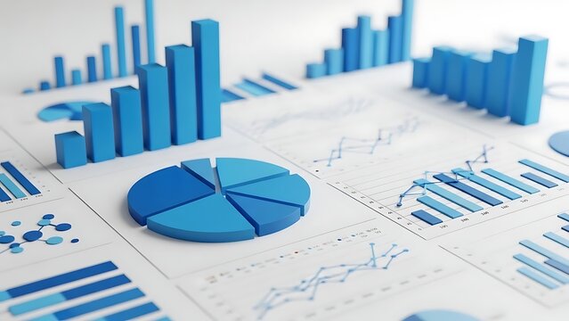 Blue 3D business graphs and charts on white background, financial data visualization - Powered by Adobe