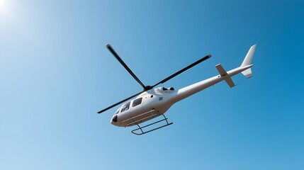 Obraz premium White helicopter flying in clear blue sky with sunlight