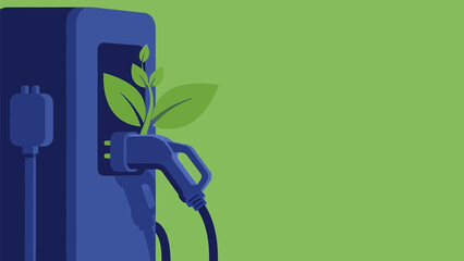 Electric vehicle charging station with a green leaf sprout emerging from the charging port, symbolizing eco-friendly transportation and sustainability