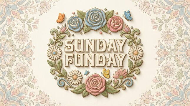 Words 'SUNDAY FUNDAY' surrounded by vintage floral elements, blooming flowers, soft leaves, and playful butterflies