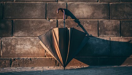 Folded umbrella against weathered brick wall with warm sunlight and shadows