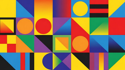 A vibrant and colorful abstract geometric pattern composed of various shapes and colors