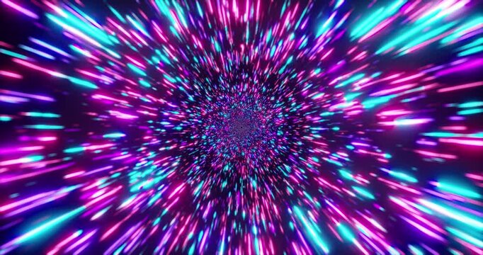A futuristic hyperspace tunnel where bright neon beams radiate from the center, creating the effect of a high-speed flight through space and time