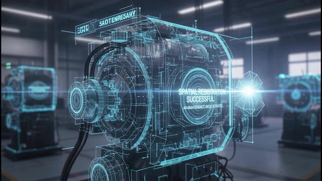 Futuristic technology display of advanced spatial registration with holographic machinery and
