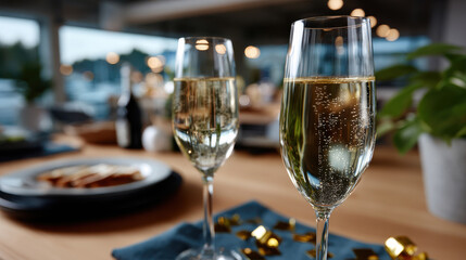 An elegant arrangement of sparkling wine glasses on a cozy table, creating a warm atmosphere ideal for intimate gatherings, celebrations, and memorable moments with friends.