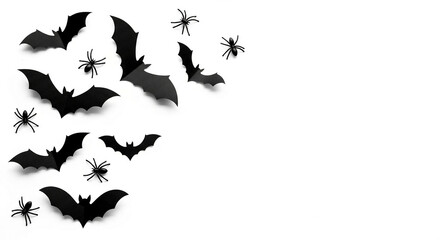 Black paper bats and spiders on white background, creating Halloween themed design, ideal for invitation or greeting card