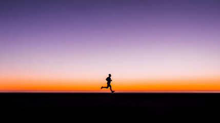 marathon. Silhouette of a runner on a deserted road under a vibrant sunset sky. inspiring travel planning, event key visuals, designed for fitness apps and gym onboarding, used by sports marketers.