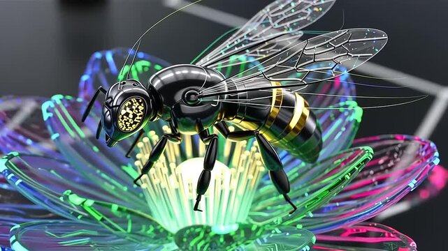 Futuristic Robotic Bee Pollinating a Glowing Crystal Flower.