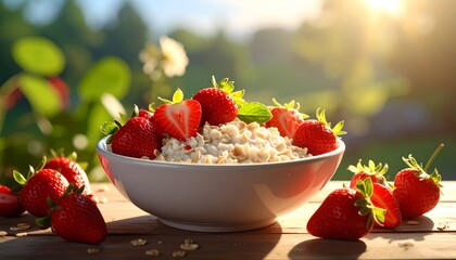 Fresh oatmeal with strawberries in a white bowl outdoors for breakfast