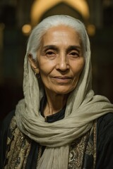 Senior south asian woman wearing headscarf looking at camera
