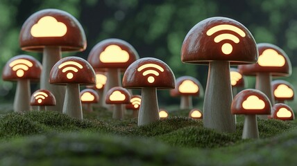 Whimsical forest mushrooms glow with technology symbols, blending nature and digital connection.