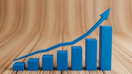 Blue 3D bar graph with rising arrow on wooden surface, business growth concept