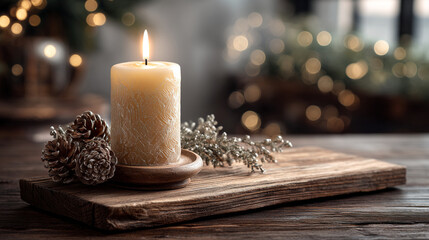 Cream Candle on Rustic Wooden Board with Pinecones and Frosted Twig