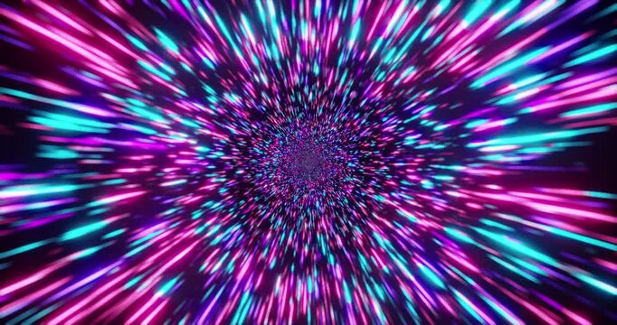 A futuristic hyperspace tunnel where bright neon beams radiate from the center, creating the effect of a high-speed flight through space and time