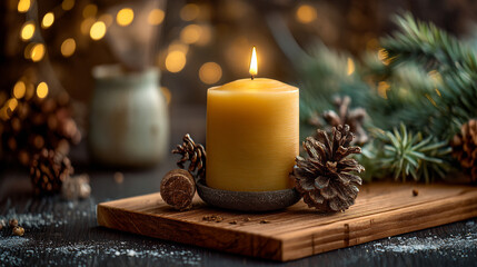 Yellow Candle on Wooden Board with Pinecones and Festive Bokeh