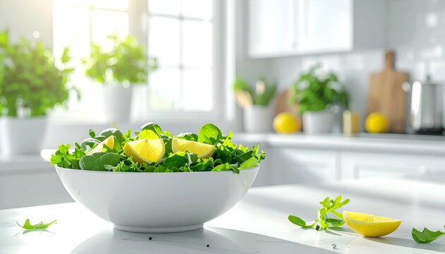 Fresh salad bowl with lemon slices in a bright kitchen interior setting