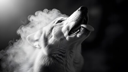 A wolf's haunting howl amidst swirling smoke and darkness