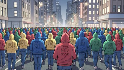 Obraz premium City Crowd: A multitude of individuals, clad in vibrant hues, converges within a bustling urban cityscape. Their collective presence and dynamic energy create an atmosphere of unity and movement.
