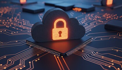 Secure Digital Fortress: A striking visual representation of digital security and cloud protection. A cloud-shaped icon, illuminated by a glowing padlock, rests atop a microchip.