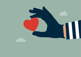 Thief stealing love heart symbol, burglar with love heart. Saint Valentine's day card. Love you. Vector illustration. Flat vector illustration