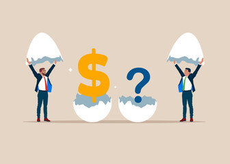 Business team discover hatching eggs with dollar symbol and question mark. Financial and investment growth, increase earning profit, success in wealth management. Flat vector illustration