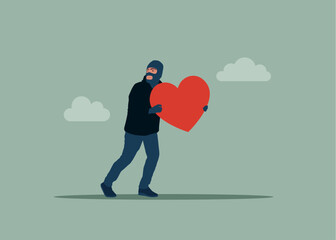 Thief stealing love heart symbol, burglar with love heart. Saint Valentine's day card. Love you. Flat vector illustration